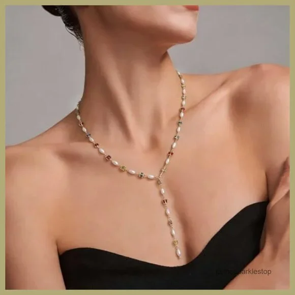 14K Gold Y-Shaped Necklace, Dainty Long Layered Chain Drop - Picture 4 of 7